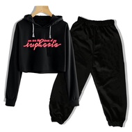 Setelan Crop Hoodie dan Jogger Anak Euphoria/Imperfect Warna Hitam/Pink/Putih Usia 9-12 Tahun
