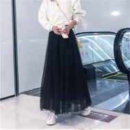 Vintage Tulle Skirt Women Clothe Elastic High Waist 3 Layers A-line Pleated Mesh Skirt Long Bride Tu