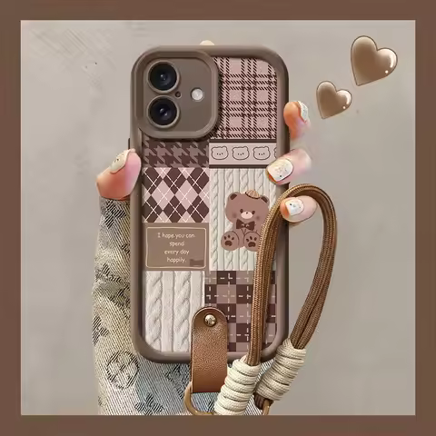 Wrist Chain Phone Case For Xiaomi 14T 13T 12T 11T 15 14 12 13 Poco X6 X5 X3 F3 F5 Pro Lite Grid Patt