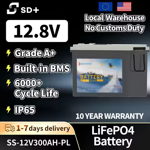 SANDISOLAR 12V 300Ah IP65 LiFePO4 Battery LCD Display 12.8V Lithium Battery Pack Built-in BMS 6000+ 