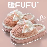 蝴蝶結棉拖鞋女 厚底踩屎感居家毛毛絨防滑保暖棉拖