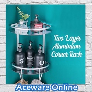 2 Tiers Aluminium Corner Rack Two Layer Kitchen Bathroom Shower Shelf with 2 Hooks - Silver