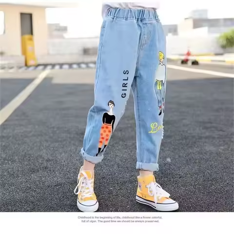 Cheap Price Girls Cartoon Jeans For Age 5 6 7 Years Old Kids Cool Cartoon Denim Pants