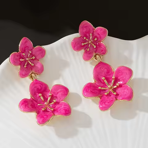 Metal Flower Fuchsia Color Enamel Petal Dangle Post Earrings For Women Fashion Jewelry Romantic Holi