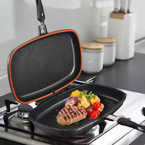 GIYOCA Double-sided Frying Pan, 32/36/40cm BBQ Grill Pan, Double Side Pressure Cooking Grill Pan, Po