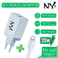 NY TRAVEL CHARGER PD-A47 20W USB a + TYPE C CABLE WHITE FAST CHARGING