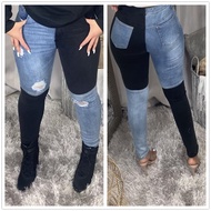 【CW】2021 New Women Black and Blue Color Matching Ripped Jeans Fashion Stretch Denim Pencil Pants Street Hipster Casual Jeans S-2XL