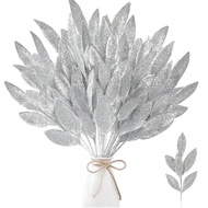 8Pcs/3Pcs/Pack Artificial Christmas Glitter Leaves Decor,Silver Fake Silver Glitter Bay Leaf Decor,F