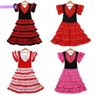 DOROLS Spanish Dance Dress - Short Sleeve Tassel Skirt, Kids' Traditional Dot Design Gypsy Costume