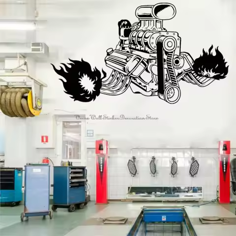 Car Engine Vinyl Wall Stickers Car Motor Skull Garage Car Repair Shop Car Sales Shop Rental Car Shop