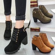 Autumn High-Heel Boots Belt Buckle Shoes Chunky-Heel Short Boots round-Toe Martin Boots Women's Lace-up Boots HYGC-B30