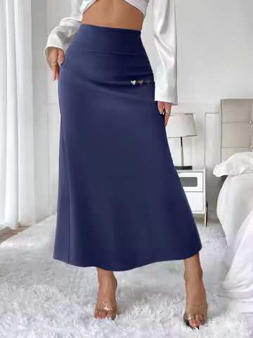 Light Mature Style Elegant High-Waisted Midi Skirt, Solid Color, Slimming, Ideal for Work & Leisure