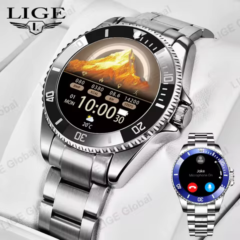 LIGE Men's Luxury Full Steel Smartwatch Bluetooth Call Voice Assistant Message Man Wristwatch 100+ S