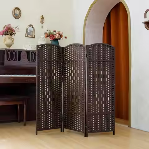 3 Panel Short Room Divider, 47.2 Inch Tall DoubleSided Rattan Folding Screen for Home amp Office,Dar