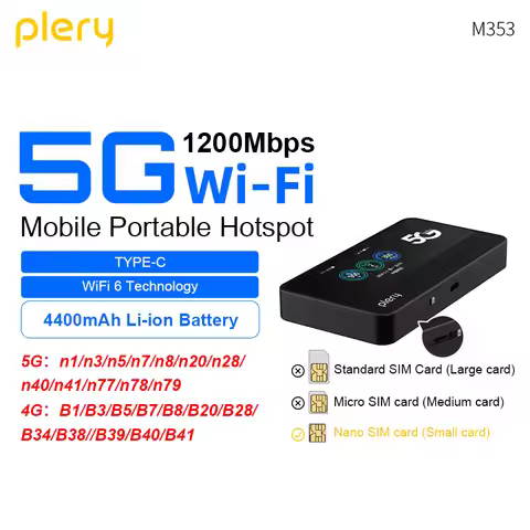 Plery 5G LTE Router 5 G SIM Card 4400mAh Battery 2.4GHz+5.8GHz 1800Mbps WIFI Routers Support 30 Devi
