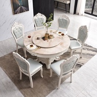 European-Style Marble Dining Tables and Chairs Set European-Style Dining Table Solid Wood Carved round Table with Turntable Small Apartment Dining Table Home