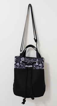 黑色帆布印花手提水桶包 束口袋