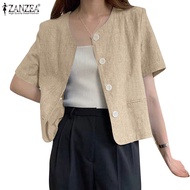 ZANZEA Women Han Elegance Casual Round Neck Short Sleeve Loose Pocket Blazer