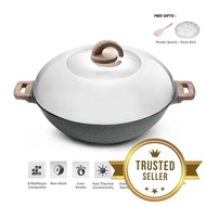 [Local Ready Stocks ] iGOZO AMOZONAS 36CM NON-STICK PREMIUM GRANITE WOK + GLASS LID FREE : 1. WOODEN SPATULA 2. STEAM