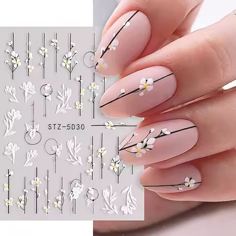 5D Simple Flowers Nail Embossed Stickers Elegant Wedding Design Adhesive Sliders Floral Textured Eng