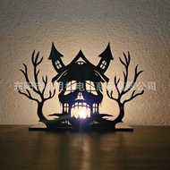 New Product Halloween Wooden Horror Haunted House Candle Base Black Skull Haunted House Desktop Deco
