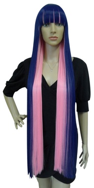 Hair Cap+ Blue Mix Pink Wig Long Straight Wig for Girl with Bangs Costume for Women Synthetic Hair W