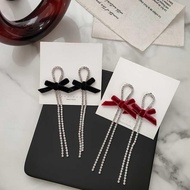 Retro Long Tassel Earrings Palace Style Black Bow Diamond Earrings Female Wine Red Velvet Diamond Ea