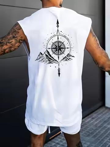 100% Pure Cotton Summer Men's Fashionable Casual Loose American Trend Mountain Peak and Compass Desi