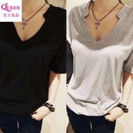 胖MM2-300斤大领口T恤女短袖中长款大V领T恤女宽松超大码上衣 大碼 女裝 上衣 顯瘦 大碼t shirt oversize t shirt woman Fat MM 1.0-150kg Larg