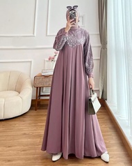 Gamis Agnia Maxi Brukat Elegan dengan Kerah Leher Bulat dan Lengan Panjang - Mewah Ukuran Jumbo 3XL/