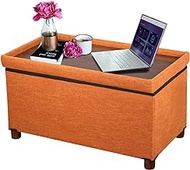 Ao Lei 30 Inches Storage Ottoman Bench, Storage Bench with Wooden Legs for Living Room Ottoman Foot Rest Removeable Lid for Bedroom End of Bed, Linen Fabric, Orange