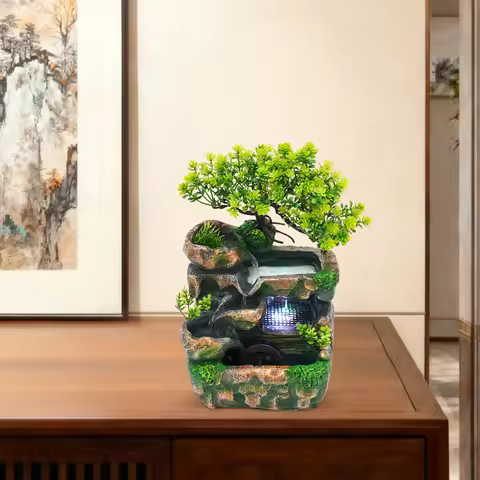 Water Fountain Rockery Ornaments W/ Waterfall & LED Light,Mini Desktop Decor for Office, Home, Bedro