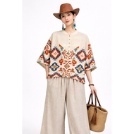 Bohemian Ethnic Print Loose Short Sleeve Blouse