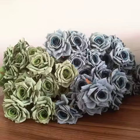 7Heads Roses Bouquet Artificial Flower Haze Blue Sage Green Bean Paste Green Fake Rose Retro Living 