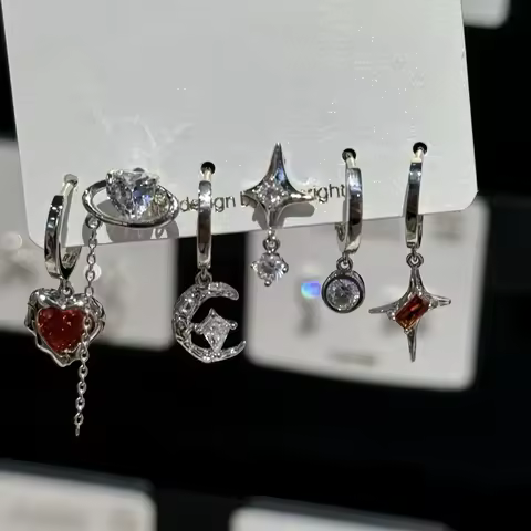 6PCS SET Goth Punk Vintage Aesthetic Crystal Heart Moon Cross Star Pendant Earrings For Men Women Gr