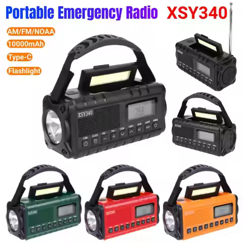 XSY340 10000mAh Portable Emergency Radio with Flashlight Digital Display AM/FM/NOAA Hand Crank Solar