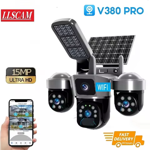 V380 15MP WIFI IP Camera Outdoor Solar Wireless Camera Auto Tracking Security Protection CCTV Survei