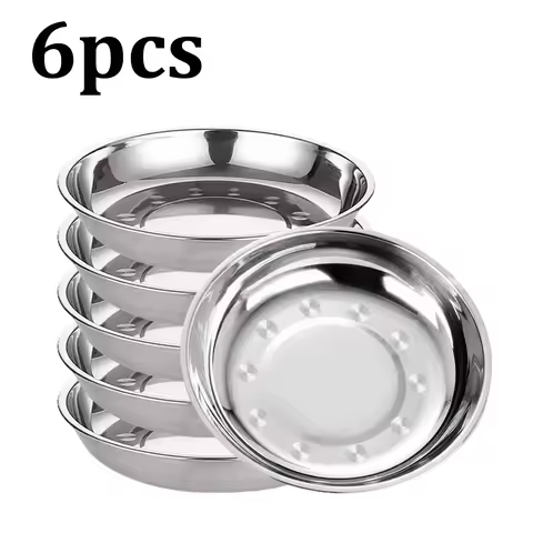 6-pcs Stainless Steel Round Plate，Camping Metal Dinner Plates，Reusable Serving Snack Eating Salad Di