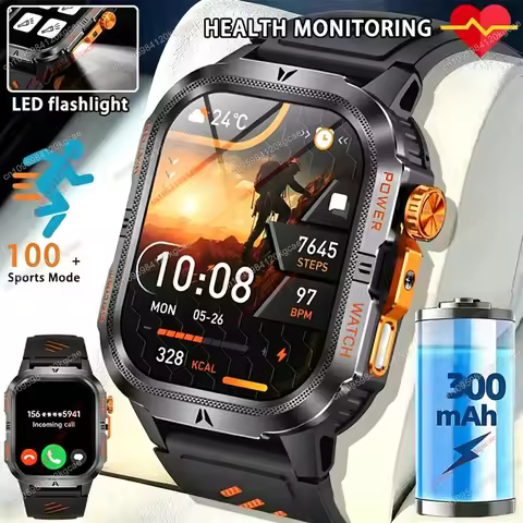 2026 New Outdoor Military Grade LED Flashlight Smart Watch Men IP68 Waterproof 100+ Sport Modes Blue