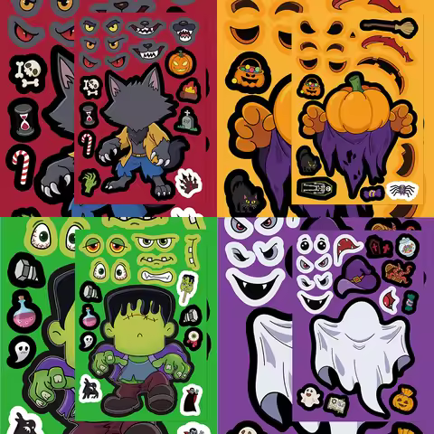 8/16Sheets Cute Halloween Puzzle Stickers for Kids Create Your Own Pumpkin Ghost Make A Face Puzzle 