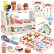 WHOHOLL Wooden Ice Cream Counter Playset for Toddler Girl Toys, Play Store Pretend Toy Food Play Kit
