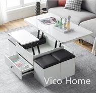 table 免費送貨~VicoHome 茶几凳組合 玻璃茶几 多功能升降茶几 收納茶几 飯枱 書桌 餐桌 餐枱 電腦桌 餐凳 H-HVK3892-LS