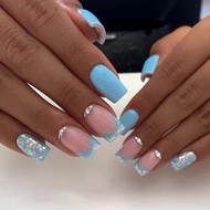 Fashion Sequins Square Head False Nails Set Press On Nails French Light Blue Fake Nail Tips With Designs Rhinestones Manicure