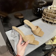 6.5CM Summer Fashion Glass Heels Simple Leather Sandals