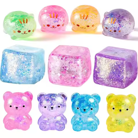 Glitter Squishy Cube Stress Squeeze Toys Slow Rebound Maltose Ice Cubes Bear Squishy Axolotl Sequins