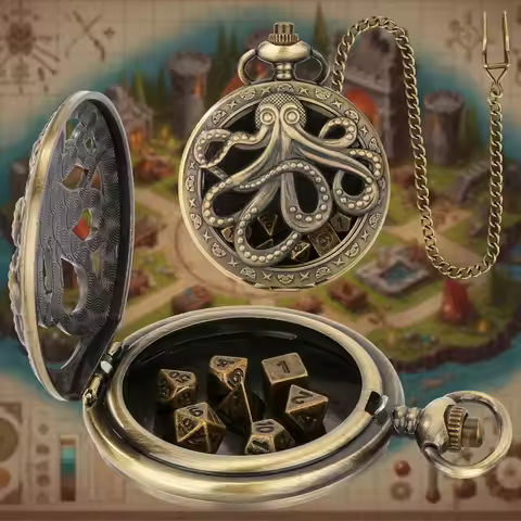 7 PCS DND Dice with Vintage Pocket Watch Cases for dnd with 39cm chain Hollow clock gear pocket watc