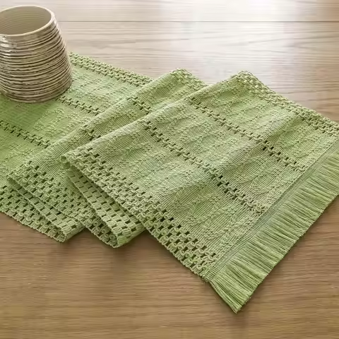 Green Table Runner Cotton and Hemp Splicing Weaving Table Runners 6cm Bearded Table Runners Splicing