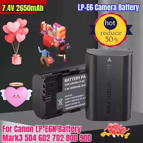 7.4V 2650mAh LP-E6 Camera Battery for Canon LP-E6N Battery Mark3 5D4 6D2 7D2 80D 90D