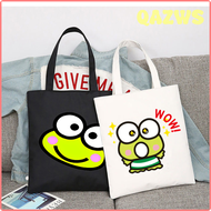 QAZWS Sanrio Kerokero Keroppi กระเป๋าถือกระเป๋าช้อปปิ้งใช้ใหม่ได้พับได้ผ้านักช้อปกระเป๋าฮาราจูกุนักเ