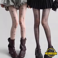 [3-5 Days Arrive]Subculture Cross Print Stockings, Gothic Thin Sweet Punk Sexy Black Silk Socks, Fas